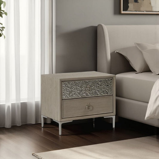 Kaira Nightstand with 2 USB Ports, Textured Metal, Natural Oak Brown