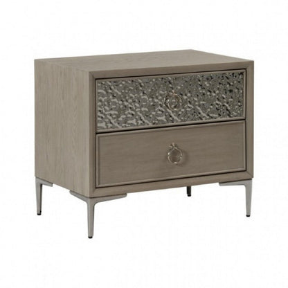 Kaira Nightstand with 2 USB Ports, Textured Metal, Natural Oak Brown