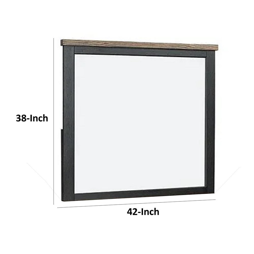 Ginie Mirror with Farmhouse Accents, Black and Oak Brown Wood 38x42