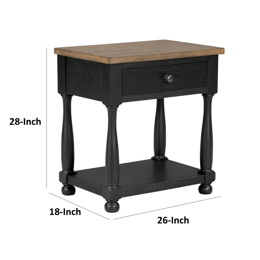 Ginie Nightstand, USB Ports and Drawer, Shelf, Black Rustic Oak Wood
