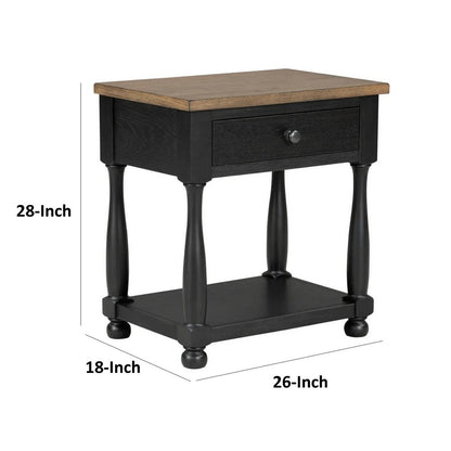 Ginie Nightstand, USB Ports and Drawer, Shelf, Black Rustic Oak Wood