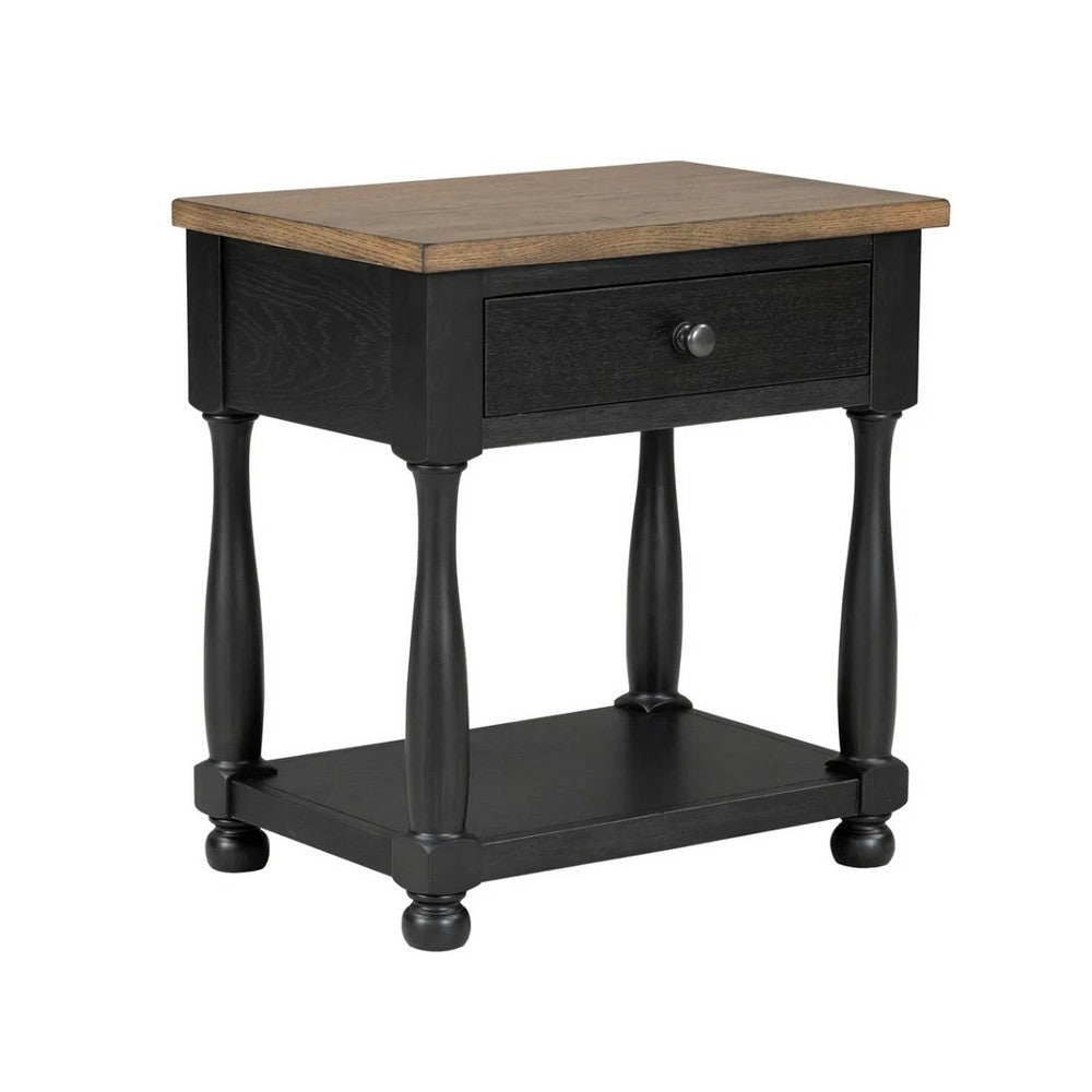 Ginie Nightstand, USB Ports and Drawer, Shelf, Black Rustic Oak Wood