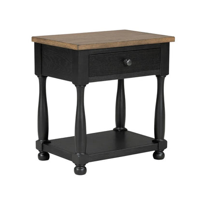Ginie Nightstand, USB Ports and Drawer, Shelf, Black Rustic Oak Wood