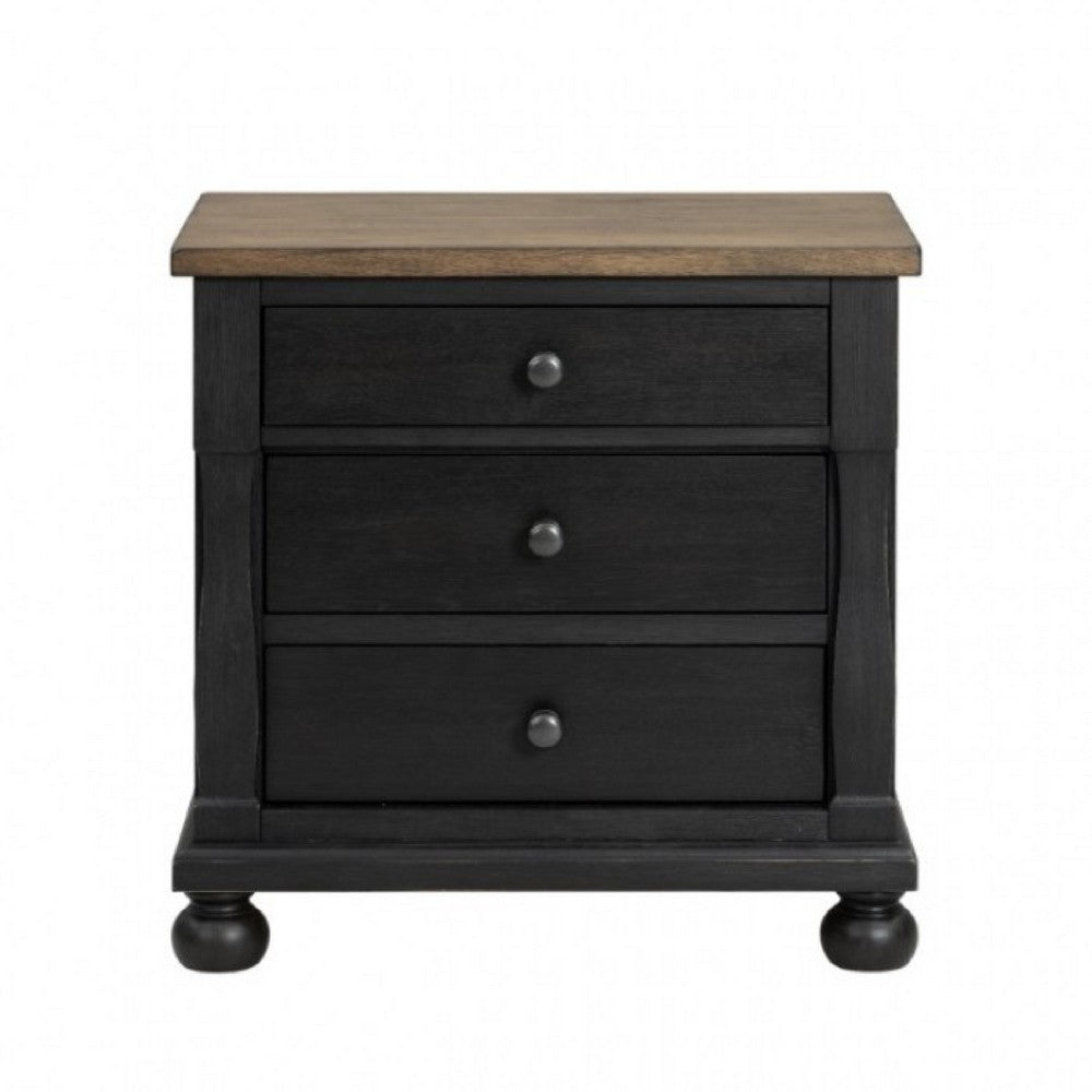 Ginie Nightstand with 2 USB Ports, 3 Drawers, Black Rustic Oak Brown