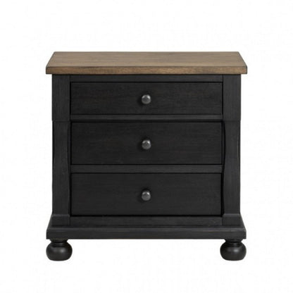 Ginie Nightstand with 2 USB Ports, 3 Drawers, Black Rustic Oak Brown