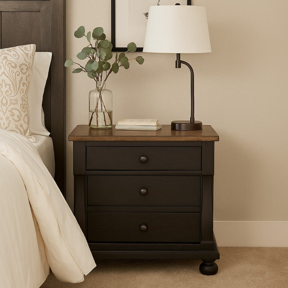 Ginie Nightstand with 2 USB Ports, 3 Drawers, Black Rustic Oak Brown