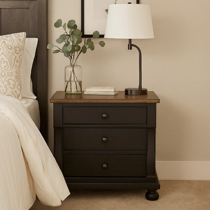 Ginie Nightstand with 2 USB Ports, 3 Drawers, Black Rustic Oak Brown