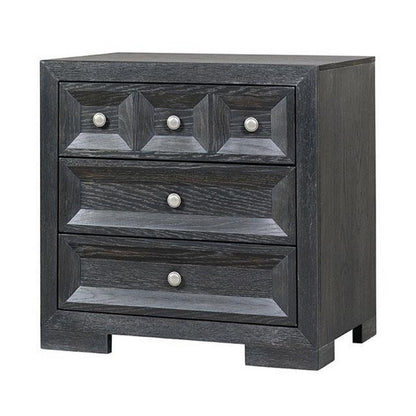 Kizie Nightstand, 3 Drawers, USB A-C, Weathered Black Wood, 28 Inch