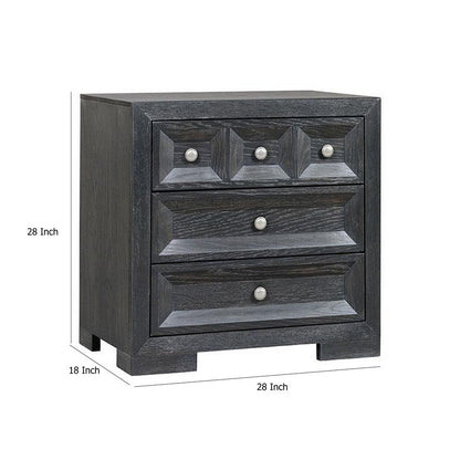 Kizie Nightstand, 3 Drawers, USB A-C, Weathered Black Wood, 28 Inch