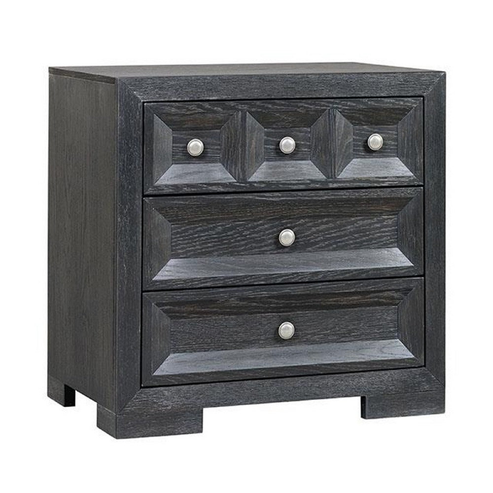 Kizie Nightstand, 3 Drawers, USB A-C, Weathered Black Wood, 28 Inch