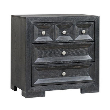Kizie Nightstand, 3 Drawers, USB A-C, Weathered Black Wood, 28 Inch