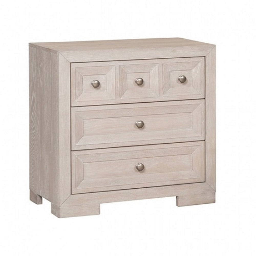Kizie Nightstand, USB, 3 Drawers, Bronze, Beige Solid Wood, 28 Inch