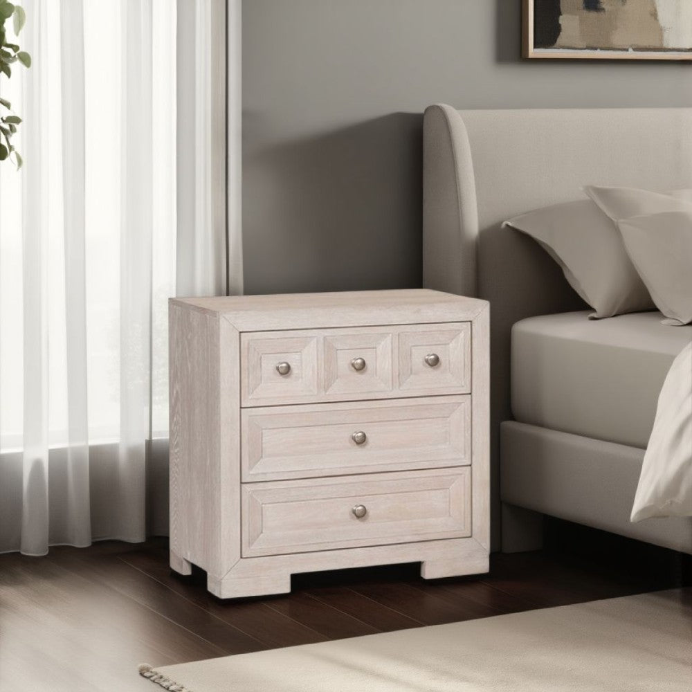 Kizie Nightstand, USB, 3 Drawers, Bronze, Beige Solid Wood, 28 Inch
