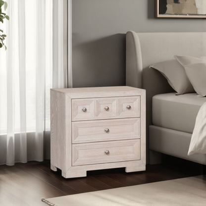 Kizie Nightstand, USB, 3 Drawers, Bronze, Beige Solid Wood, 28 Inch
