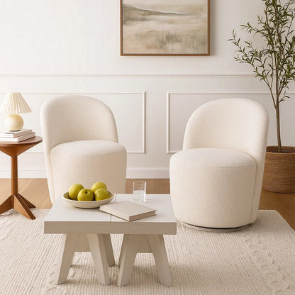 Accent Chair Set of 2, 360 Degree Swivel Rotation, Beige White Boucle
