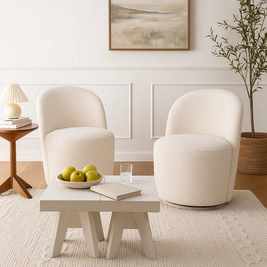 Accent Chair Set of 2, 360 Degree Swivel Rotation, Beige White Boucle