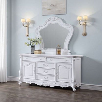 Maver Dresser Mirror, 46x48, Beveled Edges, White Ornate Carved Wood