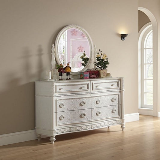 Dorie Vanity Dresser Mirror, 35x48, White Wood Floral, Beveled Edge