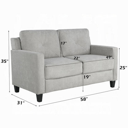 Royi Loveseat, Track Armrest, 58 Inch, Gray Fabric w Tufted Backrest