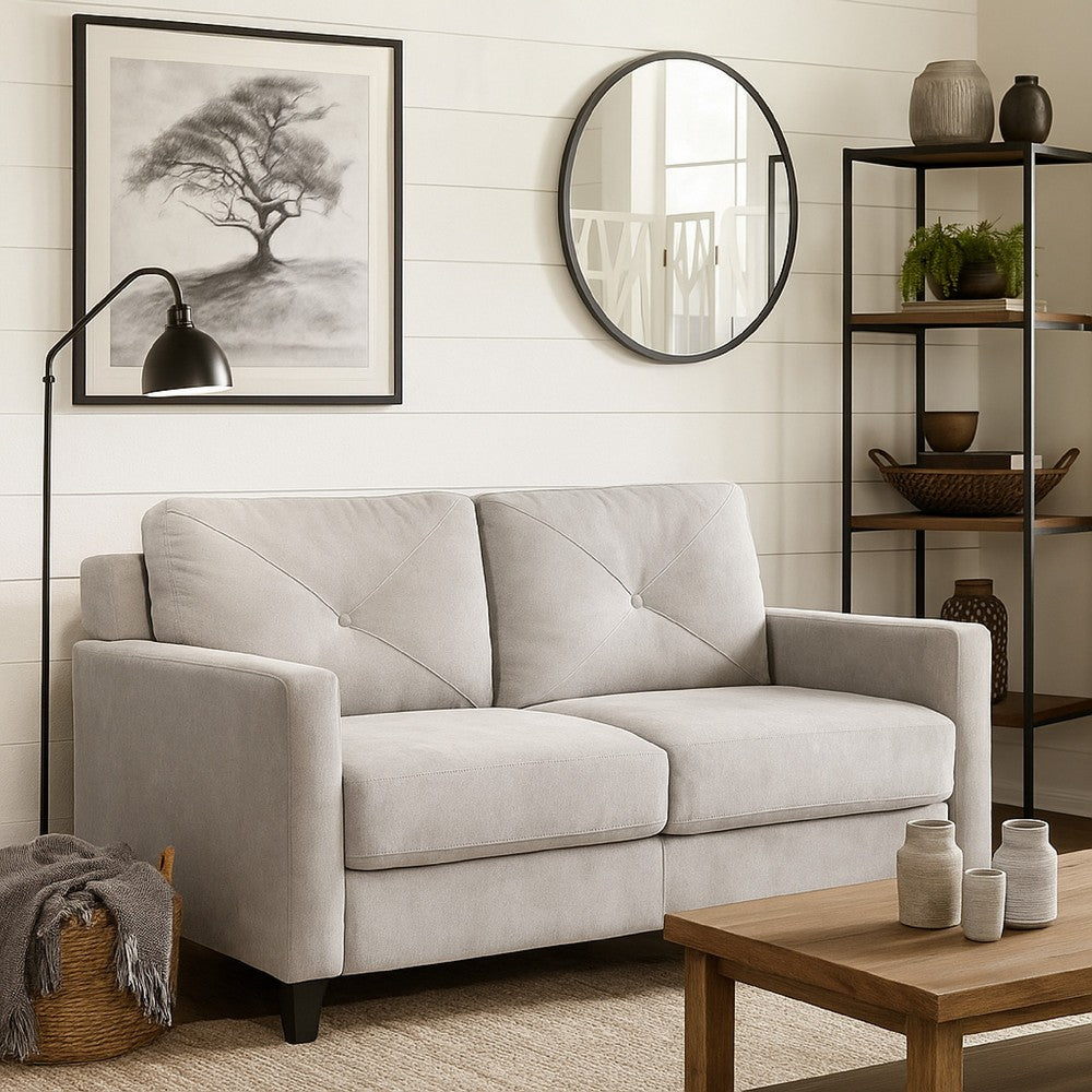Royi Loveseat, Track Armrest, 58 Inch, Gray Fabric w Tufted Backrest