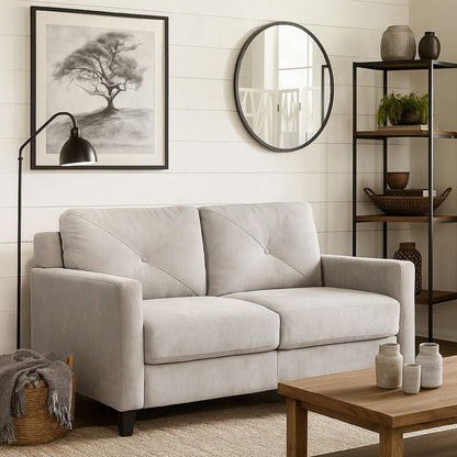Royi Loveseat, Track Armrest, 58 Inch, Gray Fabric w Tufted Backrest