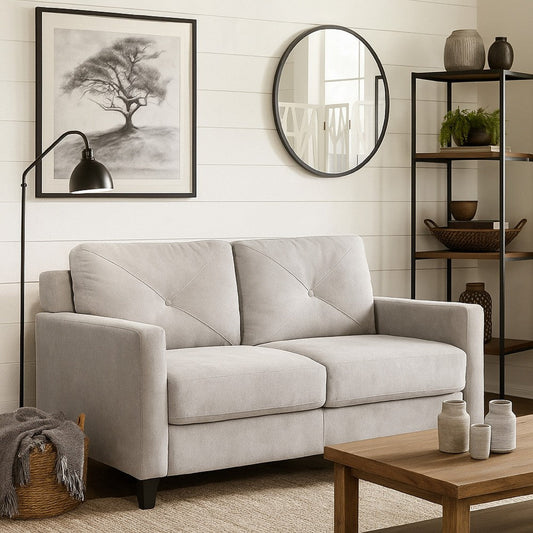 Royi Loveseat, Track Armrest, 58 Inch, Gray Fabric w Tufted Backrest
