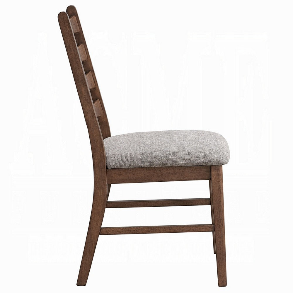 Mea Dining Side Chair Set of 2, Slatted Back, Gray Linen Seat, Brown