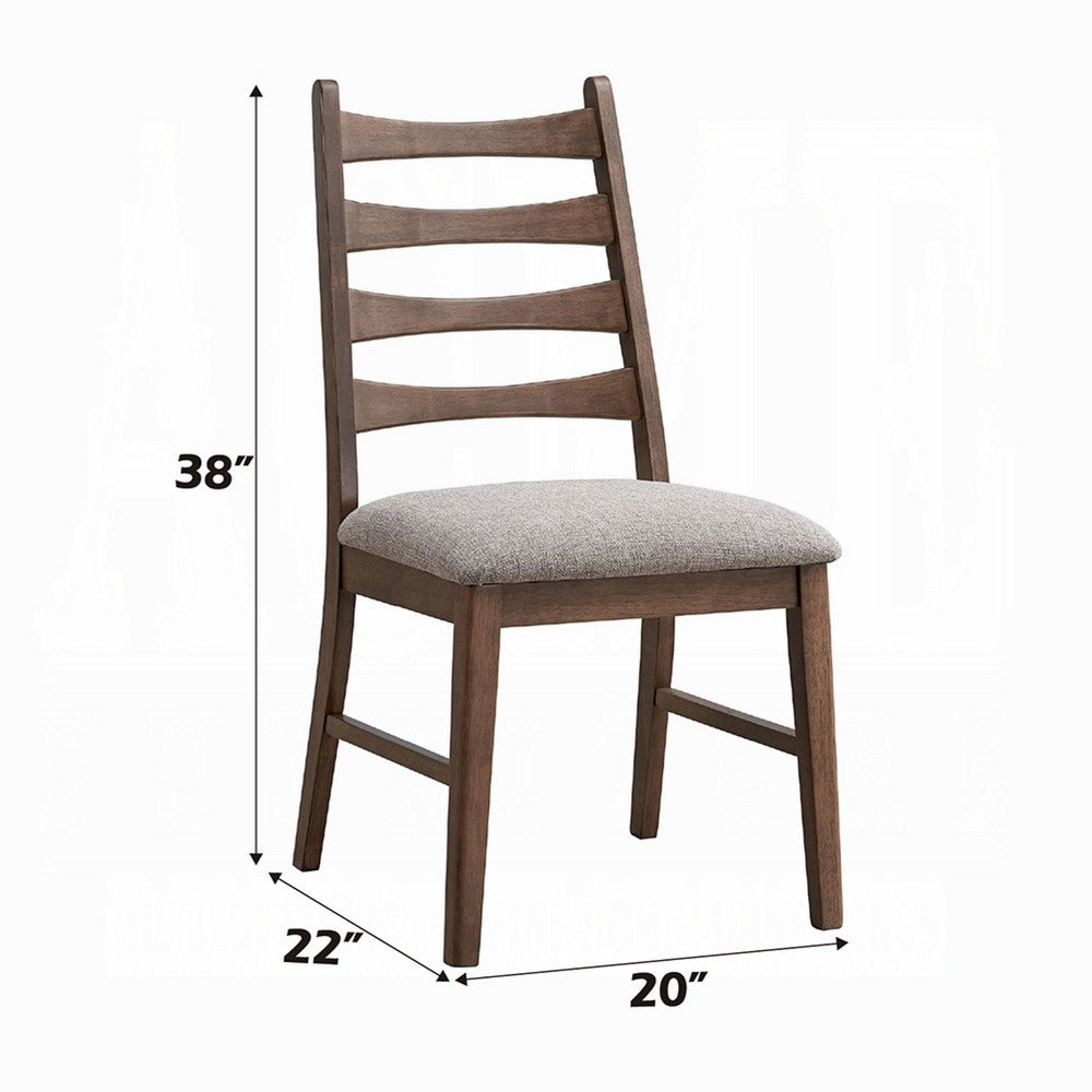 Mea Dining Side Chair Set of 2, Slatted Back, Gray Linen Seat, Brown