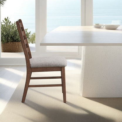 Mea Dining Side Chair Set of 2, Slatted Back, Gray Linen Seat, Brown