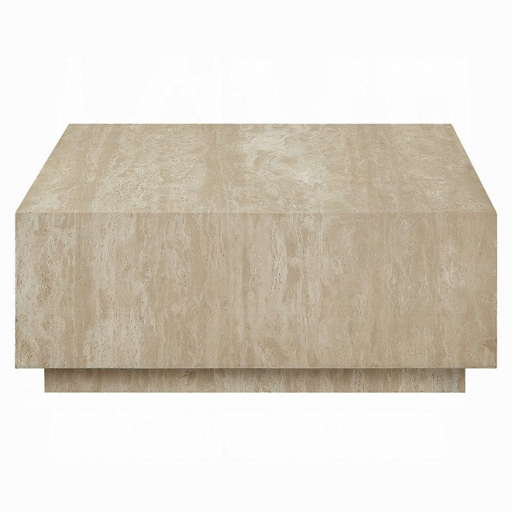 Lory Coffee Table, 35 Inch Square Travertine Top, Natural Wood Beige