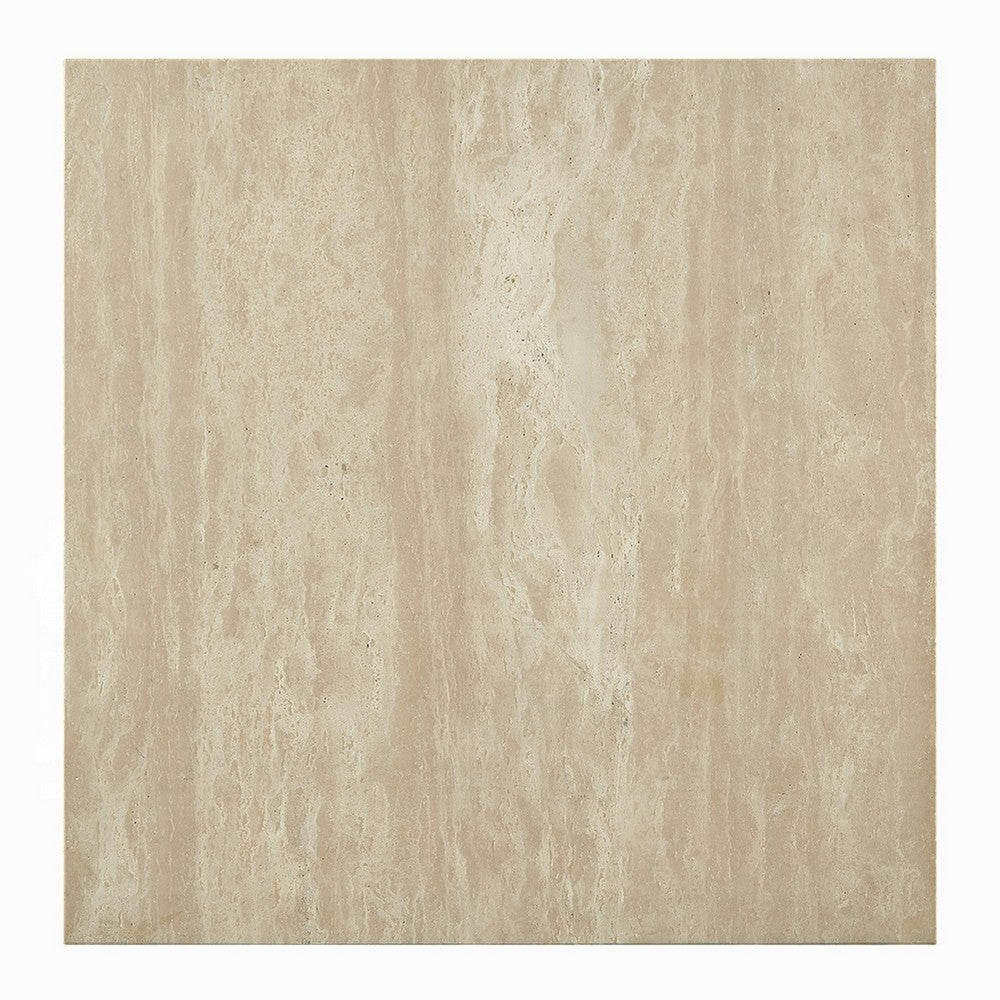Lory Coffee Table, 35 Inch Square Travertine Top, Natural Wood Beige