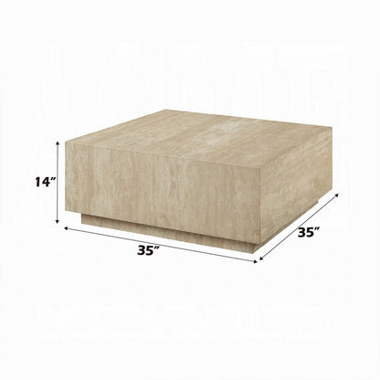 Lory Coffee Table, 35 Inch Square Travertine Top, Natural Wood Beige