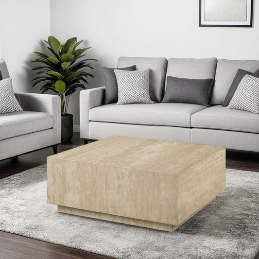 Lory Coffee Table, 35 Inch Square Travertine Top, Natural Wood Beige