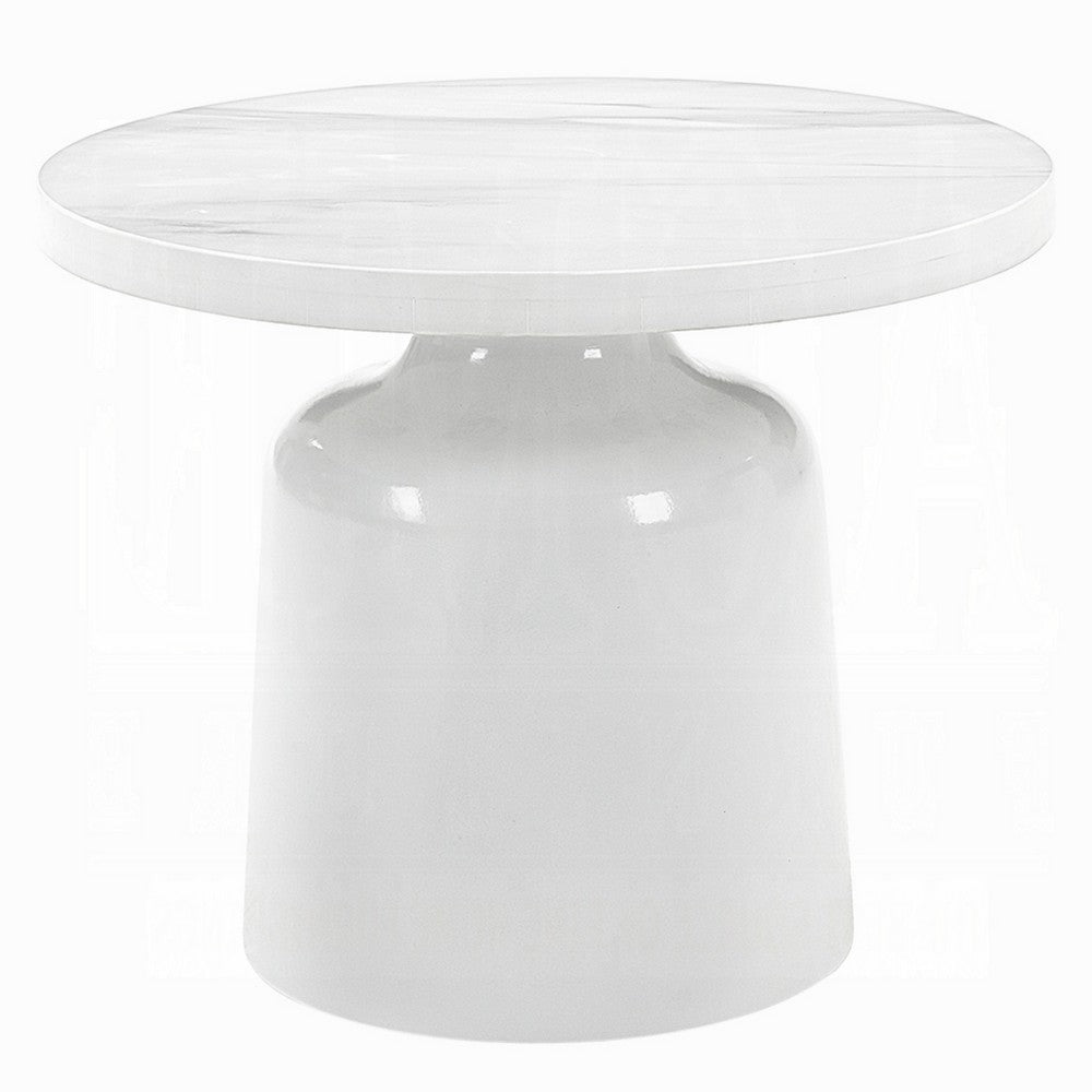 Zayn Round End Table with Pedestal Base, White Faux Marble, 22 Inch