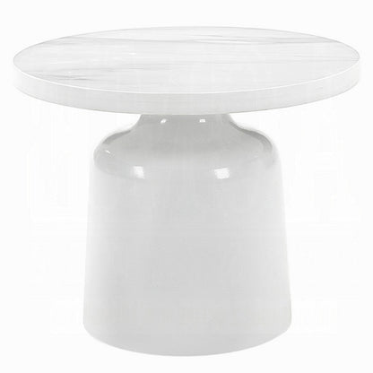 Zayn Round End Table with Pedestal Base, White Faux Marble, 22 Inch