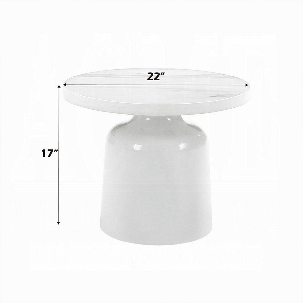 Zayn Round End Table with Pedestal Base, White Faux Marble, 22 Inch