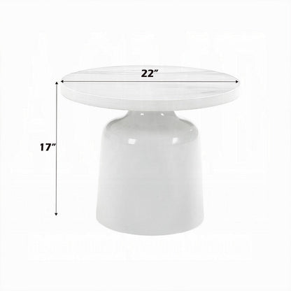 Zayn Round End Table with Pedestal Base, White Faux Marble, 22 Inch