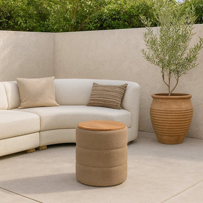 Mona Storage Ottoman, 19 Inch Round Lift Top, Channeled Ivory Boucle