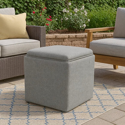 Soa Storage Accent Ottoman, 18 Inch Square Tray Top, Gray Woven Fabric