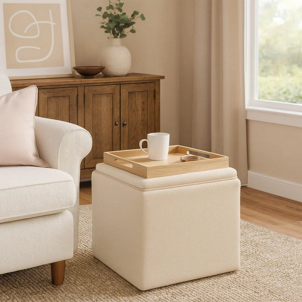 Soa Storage Ottoman, 18 Inch Square Tray Top, Light Brown Woven Fabric
