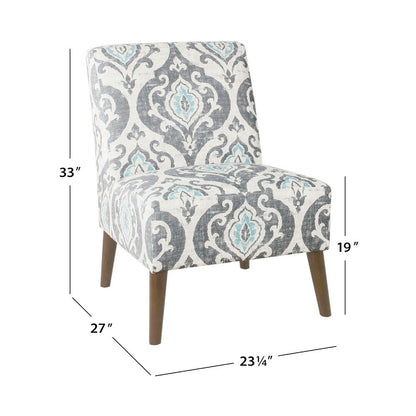 Armless Accent Chair, Vintage Medallion Print, Blue White Polyester