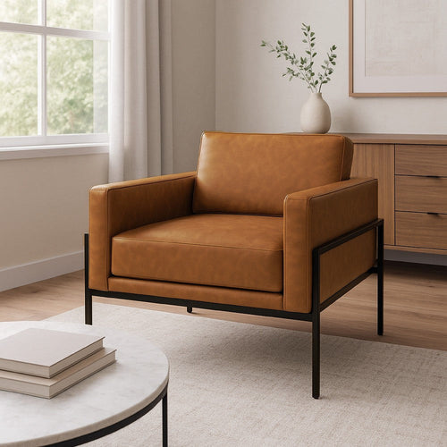Fiam Accent Armchair, Caramel Brown Faux Leather, Modern Black Legs