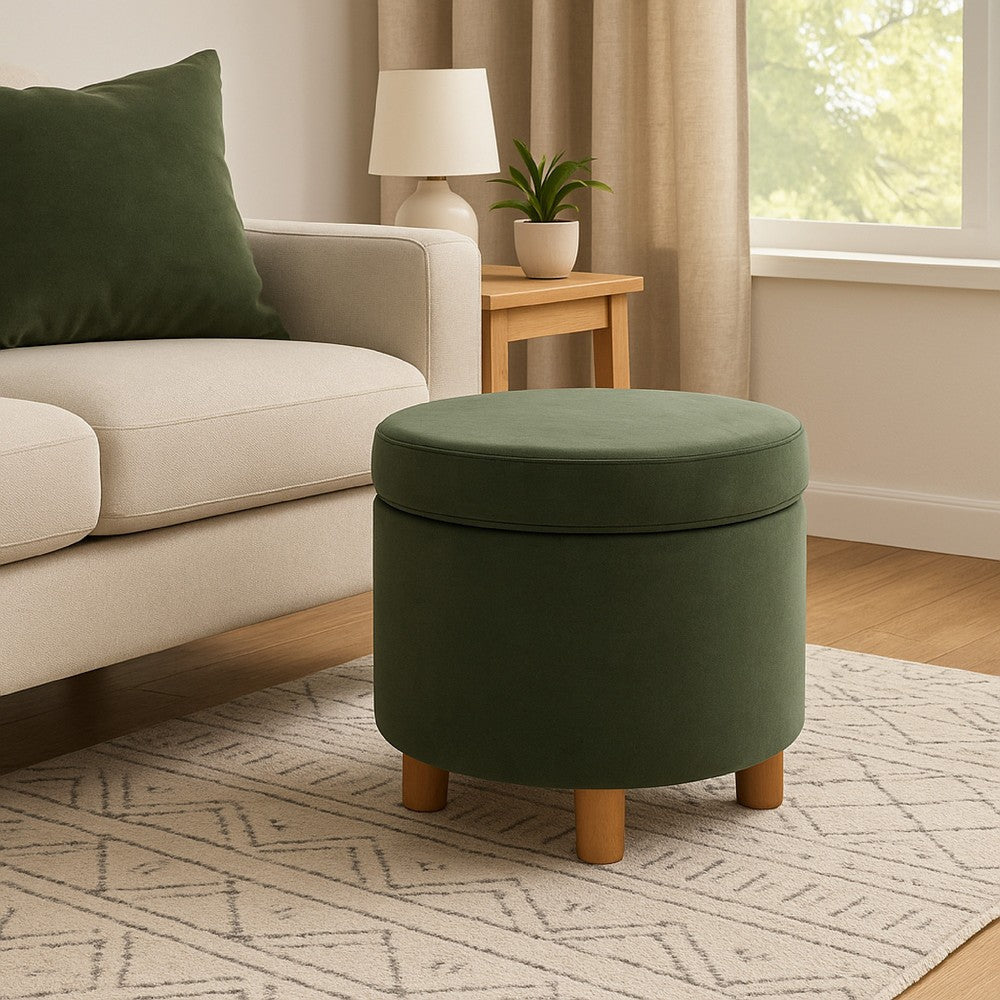Gio Storage Ottoman, 19 Inch Round Lift Top, Spice Brown Velvet Fabric