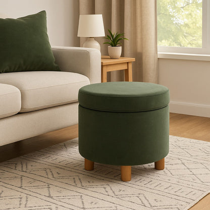 Gio Storage Ottoman, 19 Inch Round Lift Top, Spice Brown Velvet Fabric