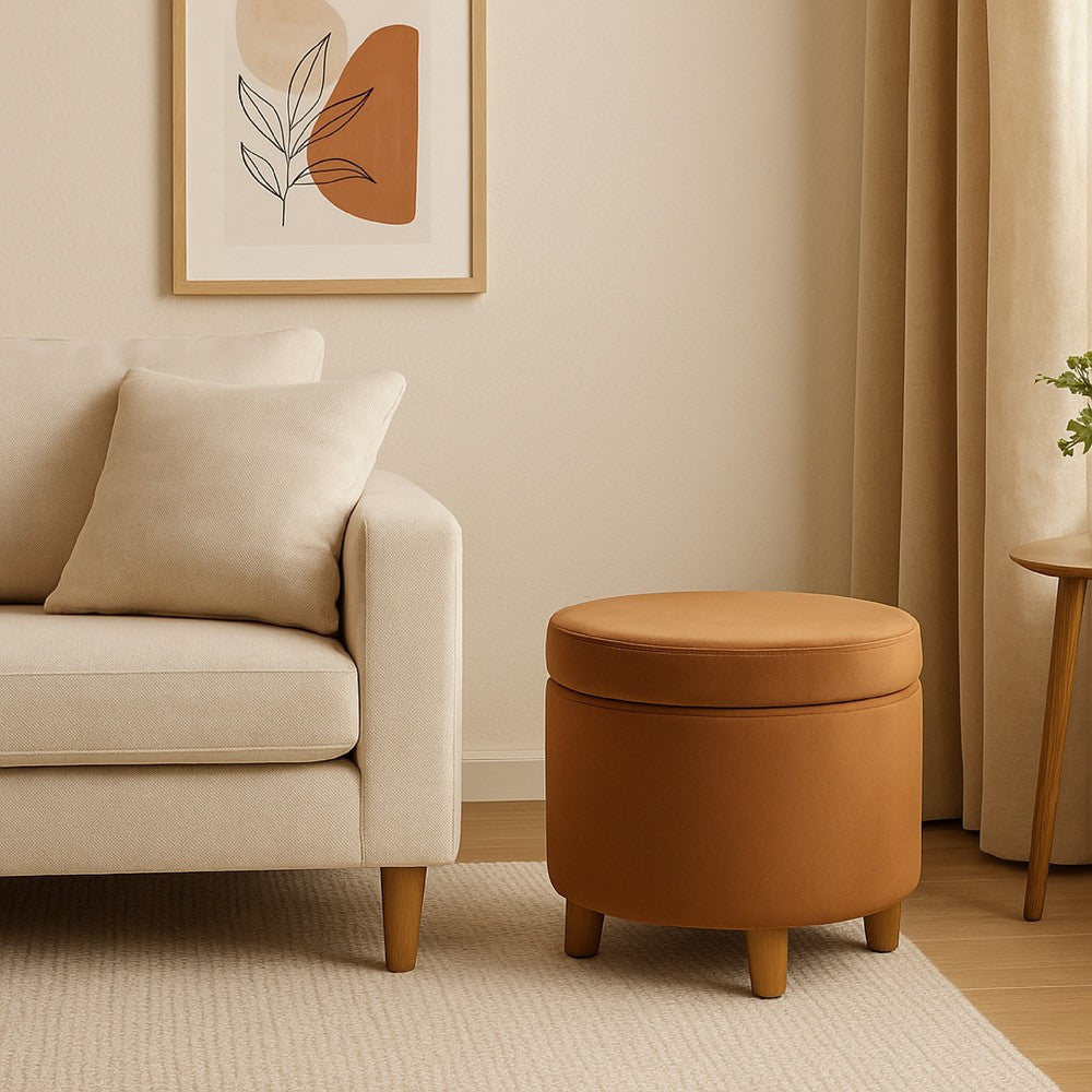 Gio Storage Ottoman, 19 Inch Round Lift Top, Spice Brown Velvet Fabric