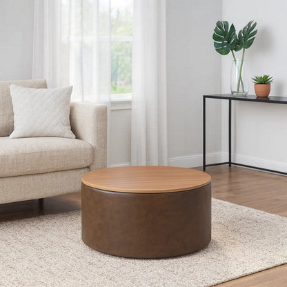 Mesy Storage Ottoman, 30 Inch Round Lift Tray Top, Brown Faux Leather