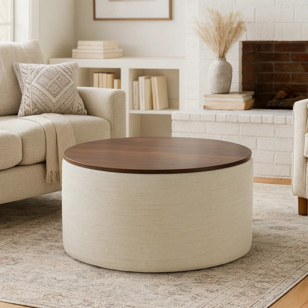 Mesy Storage Ottoman, 30 Inch Round Lift Tray Top, Ivory Woven Fabric