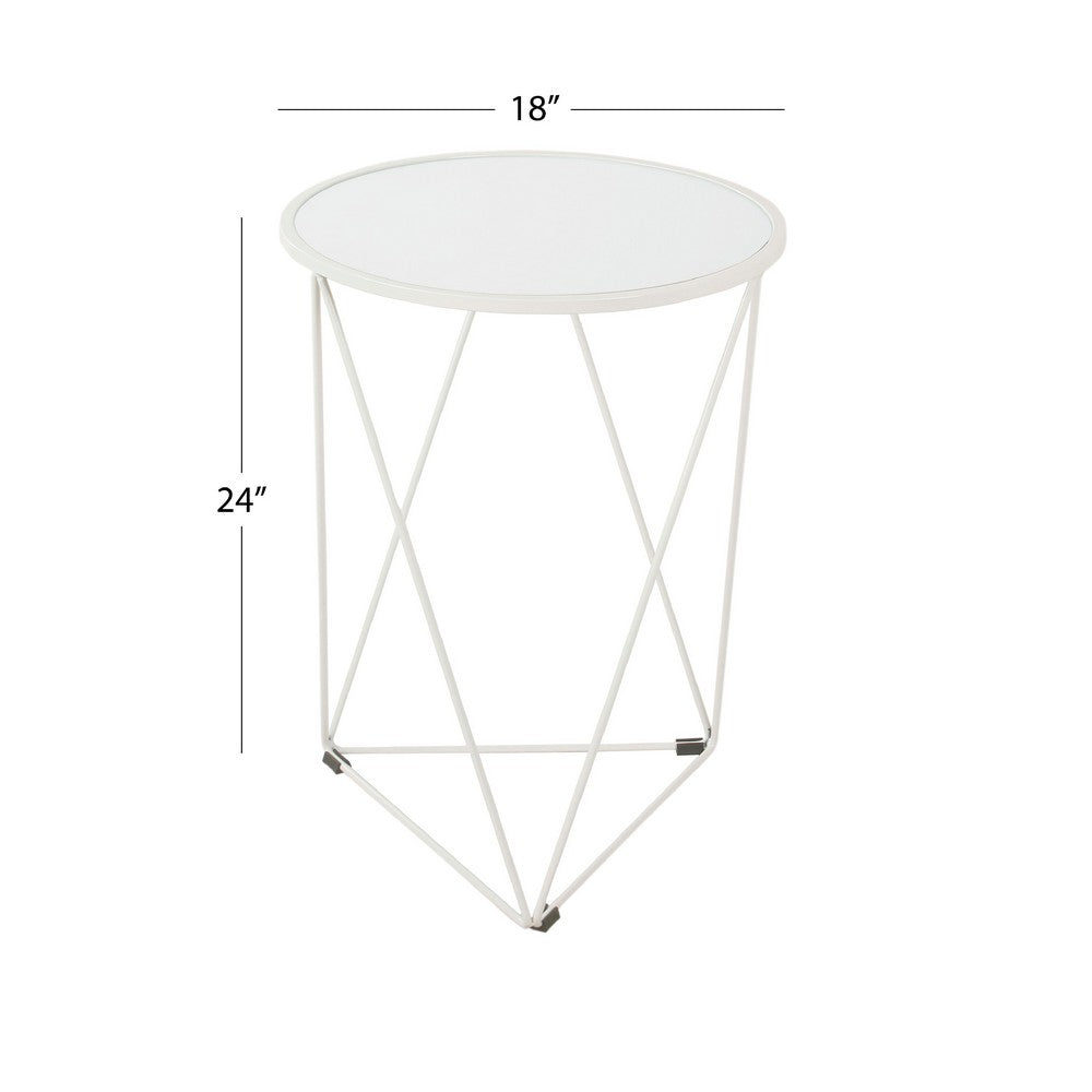 Accent Table, 18 Inch, Round Mirror Top and Open White Metal Base