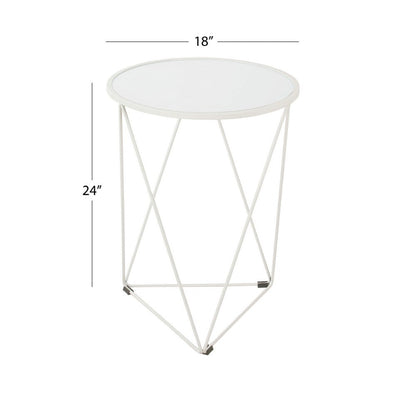 Accent Table, 18 Inch, Round Mirror Top and Open White Metal Base