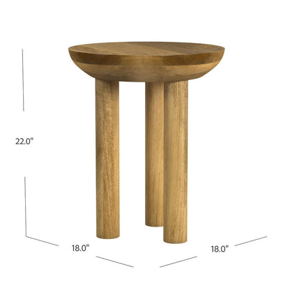 Yiro Side Table, 18 Inch Brown Mango Wood Top, Three-Legged Design